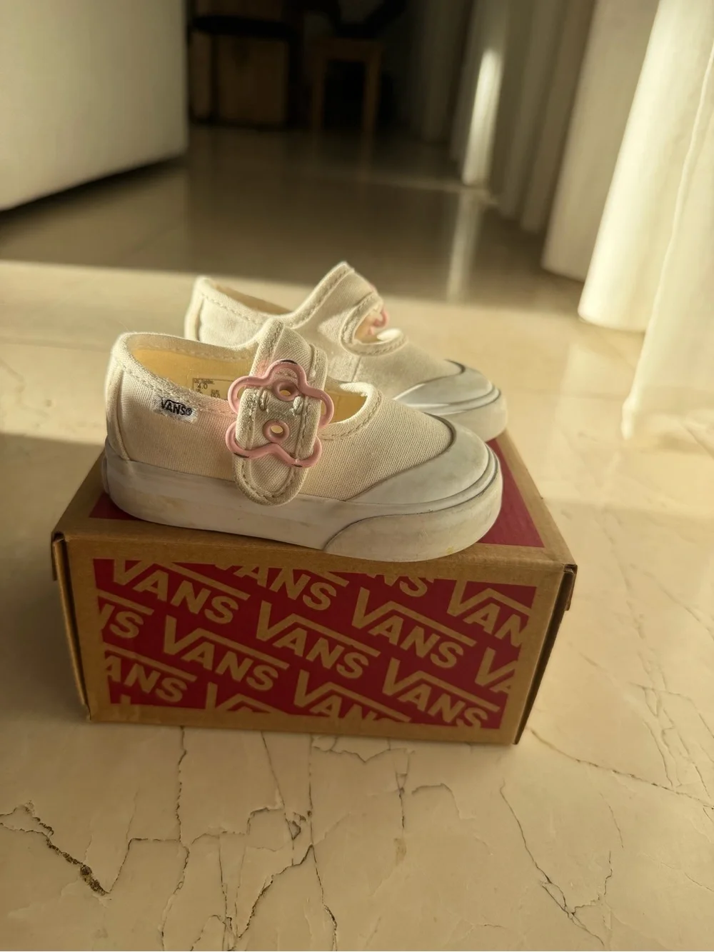 Vans Kids White Mary Jane Shoes with Pink Flower